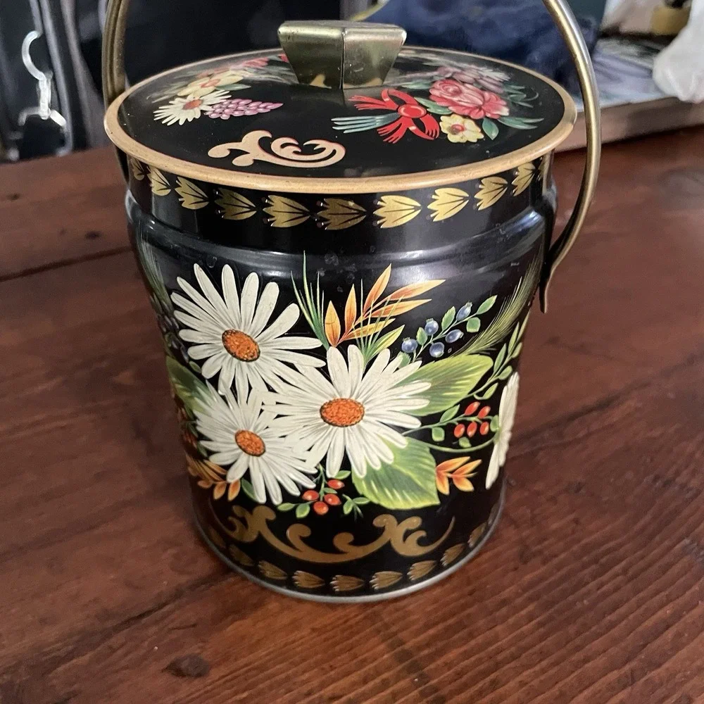 Vintage Floral Embossed Tin Pail Bucket W/ Lid Murray Allen Confections 5.5